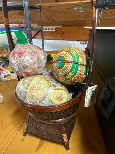 Decorative Russian-Style Tin Eggs in Woven Basket