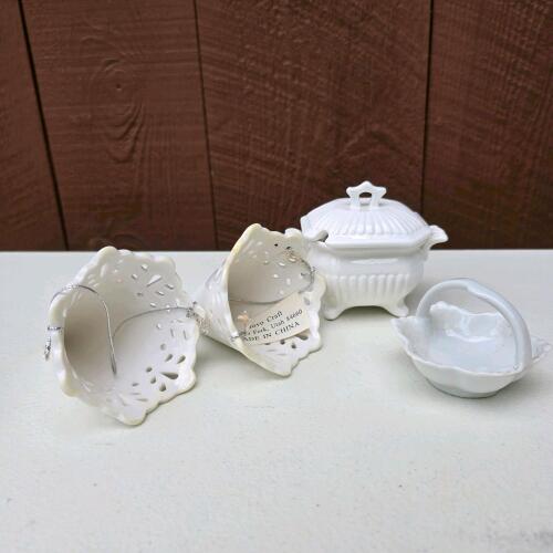 Porcelain Hanging Cones and Miniature White Ceramic Dishes