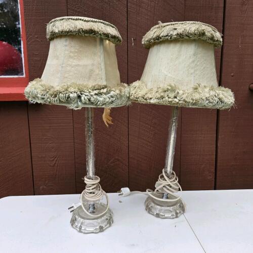 Pair of Glass Table Lamps With Fabric Shades, Vintage-Style