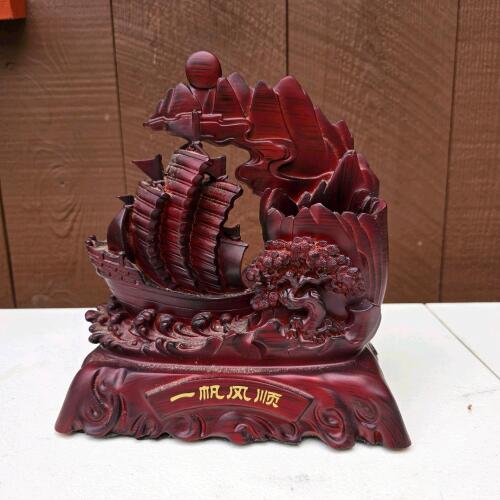 Chinese-Style Red Resin Feng Shui Sailing Ship Figurine