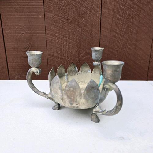 Vintage Three-Arm Metal Candle Holder in Floral Style