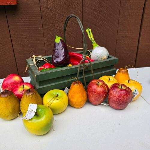 Decorative Green Wood Basket With Faux Fruit and Vegetables