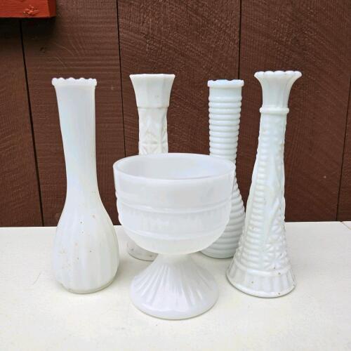 Milk Glass Vases and Compote in Mid-Century Style