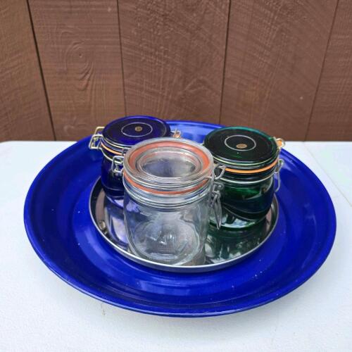 Assorted Glass Canisters With Cobalt Blue Enamel Tray
