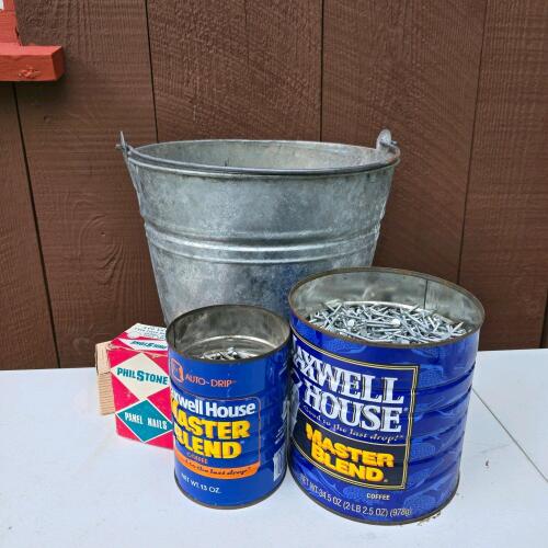 Galvanized Metal Bucket, Coffee Cans With Nails And Screws