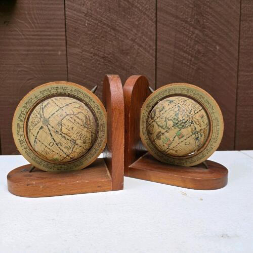 Pair of Vintage-Style Globe Bookends With Wood Base