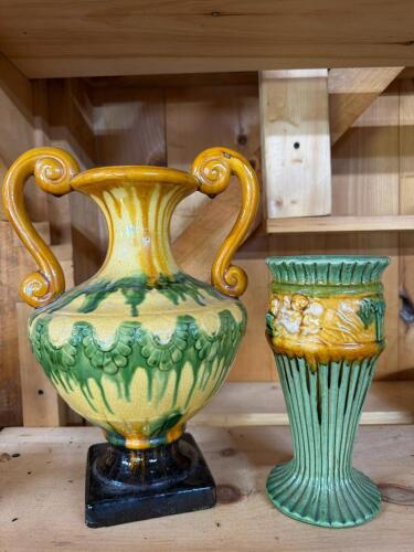 Majolica-Style Pottery Vase and Double Handled Urn