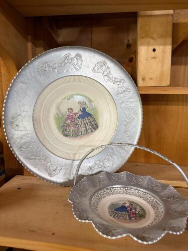 Godey Print Style Decorative Plate and Handled Basket