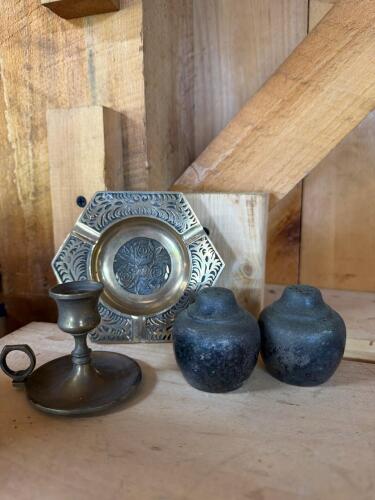 Brass Candle Holder, Brass Embossed Ashtray, Pair of Metal Shakers