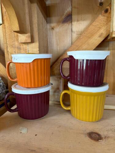 Stoneware Storage Mugs With Lids, Ribbed Design, Multicolor
