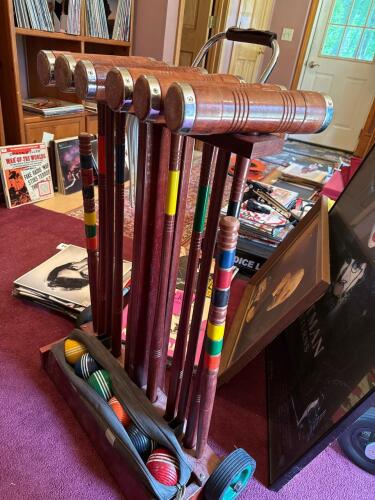 Wooden Croquet Set with Mallets, Balls, Wickets, and Rolling Stand