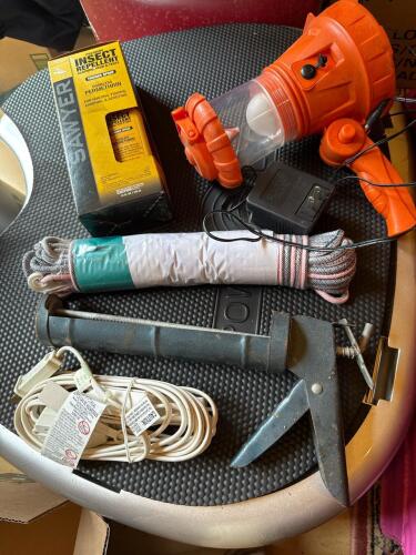Assorted Contractor Tools, Extension Cord Reel, Lantern, Insect Repellent
