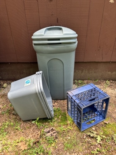 Plastic Trash Can, Recycling Bin, and Milk Crate