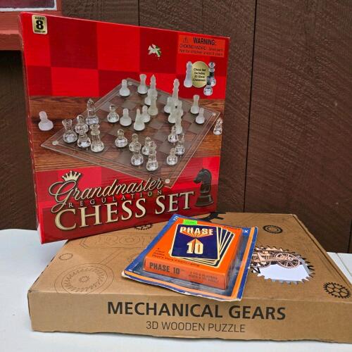 Grandmaster Chess Set, Fundex Phase 10 Card Game, ROKR Locomotive 3D Puzzle