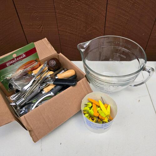 Assorted Kitchen Utensils, Glass Measuring Cup, Corn Holders