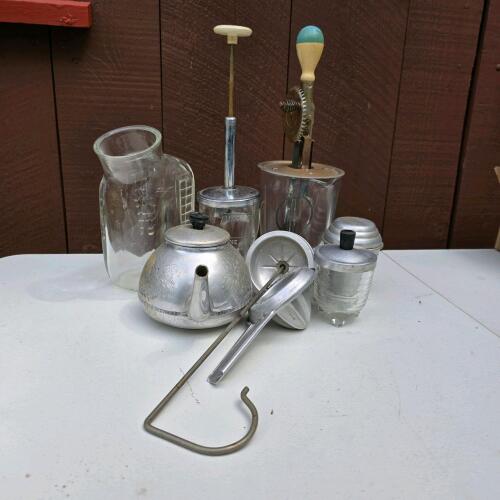 Vintage Glass and Metal Kitchen Utensils, Mid-20th Century Style