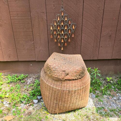 Woven Basket with Lid and Hanging Metal Wind Chime