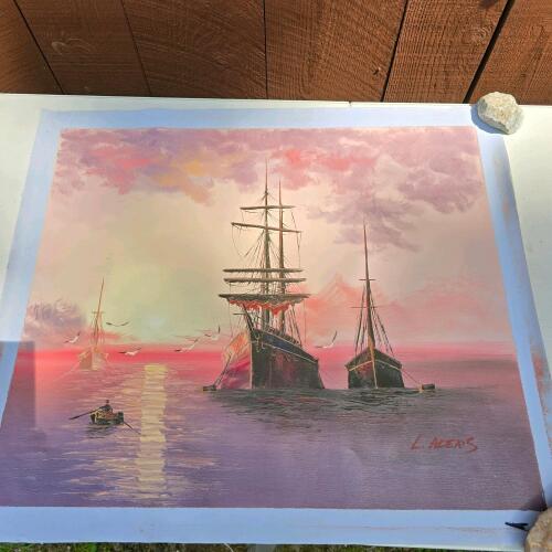 Canvas Print Featuring Sailing Ships At Sunset, Signed "L. Alexis"