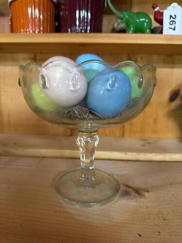 Glass Compote Dish With Pastel Ceramic Eggs