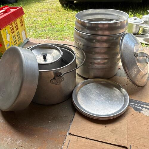 Vintage Aluminum Camping Mess Kits and Tiffin Containers