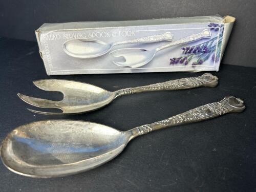 Silverplated Salad Serving Spoon and Fork Set with Fruit Motif