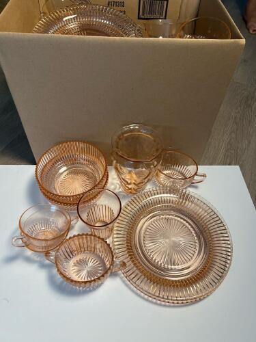Large Lot Of Pink Depression Glass Tableware in Ribbed Pattern