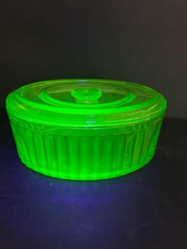 Green Uranium Glass Ribbed Oval Covered Dish