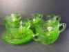 Green Depression Uranium Glass Cups and Saucers Featuring Assorted Patterns - 2