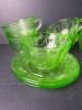 Green Depression Uranium Glass Cups and Saucers Featuring Assorted Patterns - 3