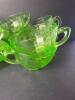 Green Depression Uranium Glass Cups and Saucers Featuring Assorted Patterns - 4