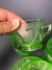 Green Depression Uranium Glass Cups and Saucers Featuring Assorted Patterns - 5
