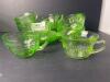 Green Depression Uranium Glass Cups and Saucers Featuring Assorted Patterns - 10