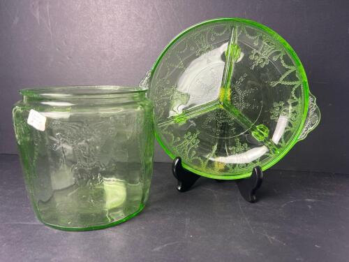 Green Depression Uranium Glass Cameo Cookie Jar No Cover And Divided Dish