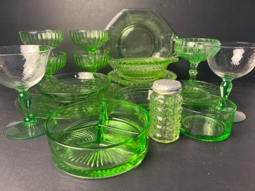 Assortment of Vintage Mostly Uranium Glass Tableware
