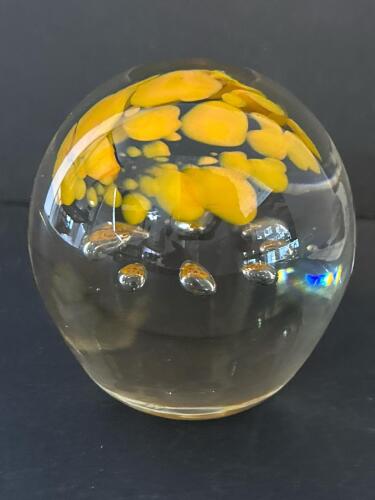 Art Glass Paperweight With Yellow Inclusions
