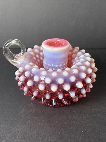 Fenton Hobnail Opalescent Cranberry Glass Chamberstick