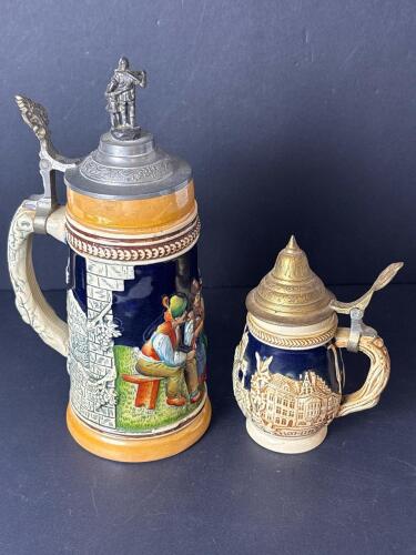 German-Style Stoneware Beer Steins With Pewter Lids