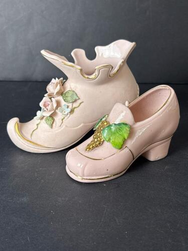 Vintage Pink Porcelain Shoe Figurines with Floral Details