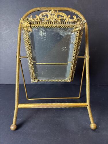 Ornate Brass Tabletop Vanity Mirror With Beveled Glass