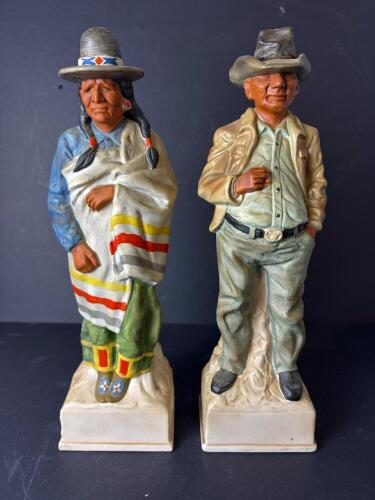 Two 13.5" 1969 Lionstone Sculptured Porcelain Western Decanters