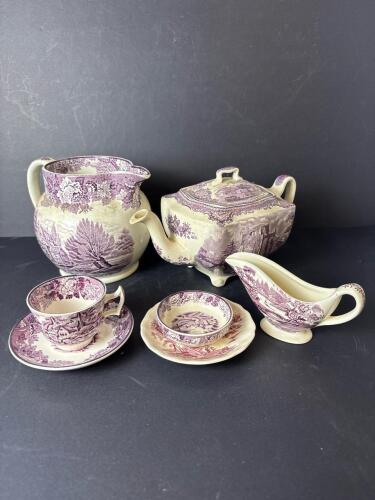 Assorted English Transferware: Teapot, Creamer, Gravy Boat, Cups
