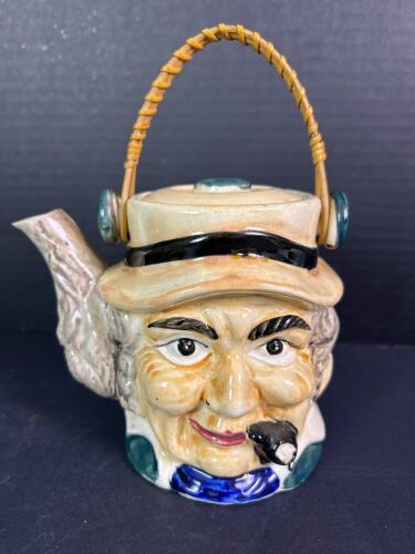 Japanese Majolica-Style Figural Teapot with Wicker Handle