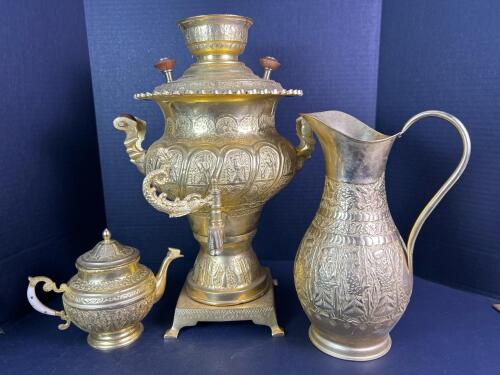 Vintage Brass Samovar, Pitcher, and Teapot Set with Ornate Details