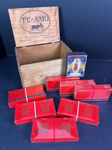 Vintage Te-Amo Cigar Box With Empty Pyrgos Cigarette Boxes and Union Pacific Matchbooks