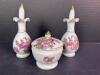 Porcelain Vanity Bottles and Powder Jar With Floral Decoration