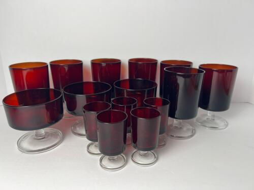 Fifteen Ruby Red Stemmed Glasses with Clear Bases Marked France