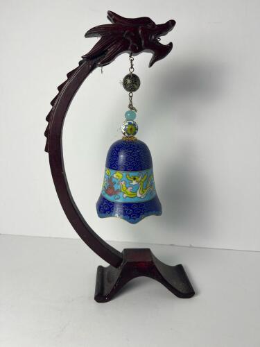 Cloisonn&eacute; Bell with Dragon Motif and Wooden Stand
