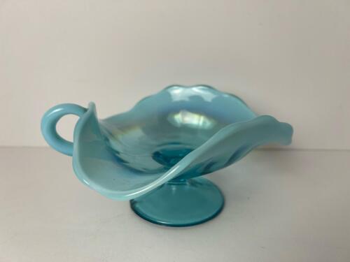 Blue Opalescent Glass Compote With Scalloped Edge