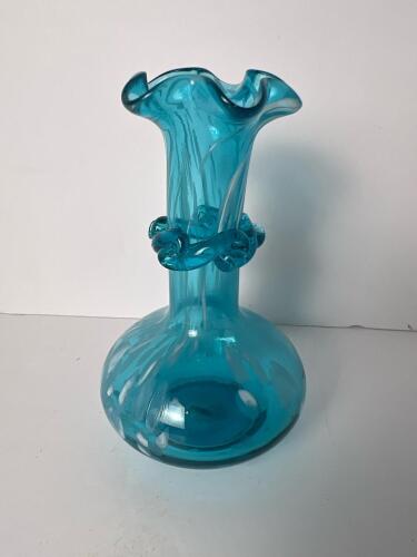 Blue and White Art Glass Vase With Ruffled Rim