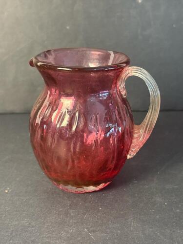Cranberry Art Glass Pitcher With Clear Ribbed Handle